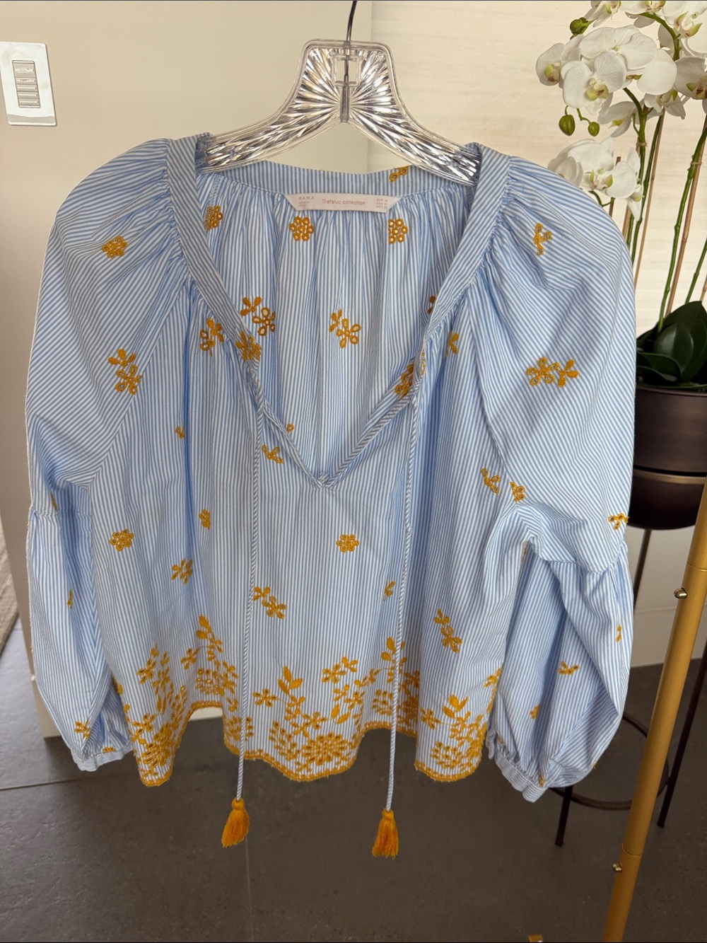 Zara Blue & Yellow Striped Peasant Blouse